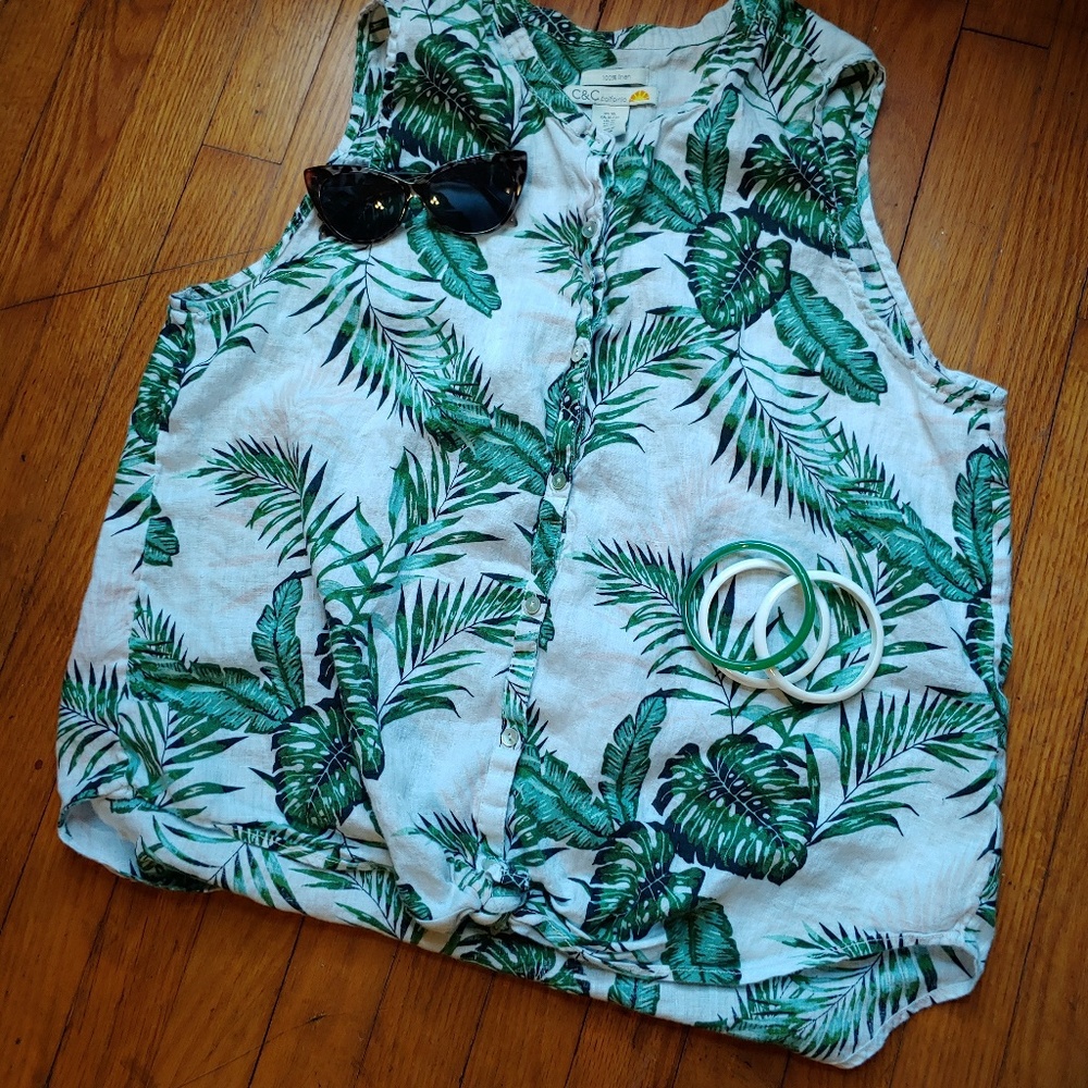 C & C California Linen Tropical Tie Front Blouse